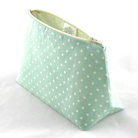 Hochzeit - Pastel Seafoam Green Polka Dot Cosmetic Bag: Wedding Bridesmaid Gift, Baby Shower Favor