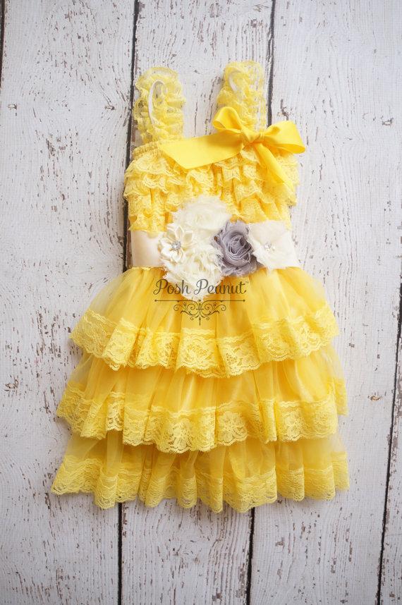 Hochzeit - Flower Girl Dress -Lace Flower girl dress -Baby Lace Dress - Rustic -Country Flower Girl - gray and yellow flower girl dress - baby dress