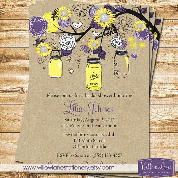 Hochzeit - Bridal Shower Invitation - Sunflower Mason Jar Bridal Shower Invite - Yellow Purple Mason Jar Sunflower Wedding Shower -1257 PRINTABLE
