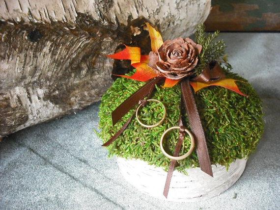 Wedding - Autumn Birch bark and moss ring bearer pillow for your rustic, woodland, nature fall wedding.