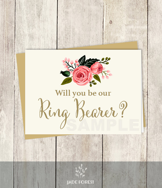 Wedding - Will You Be Our Ring Bearer? Card DIY // Watercolor Rose Flower // Gold Calligraphy, Rose // Wedding Card Printable PDF ▷ Instant Download