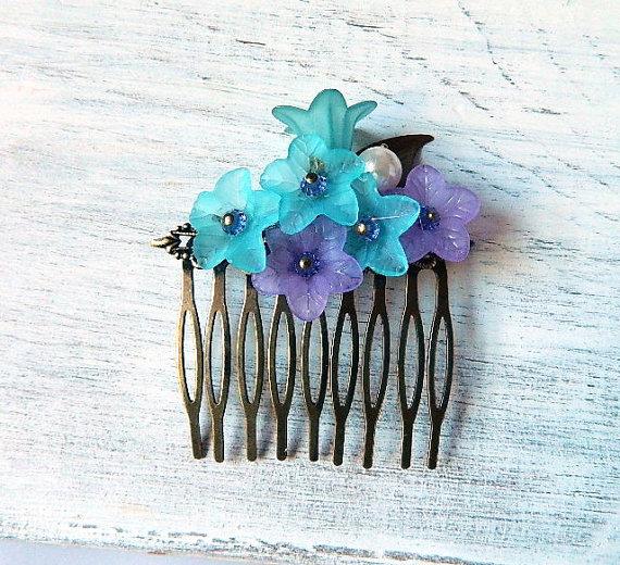Hochzeit - Flower Hair Comb Lavender Powder Blue Hair Comb Bridal Hair Piece Wedding Accessories Floral
