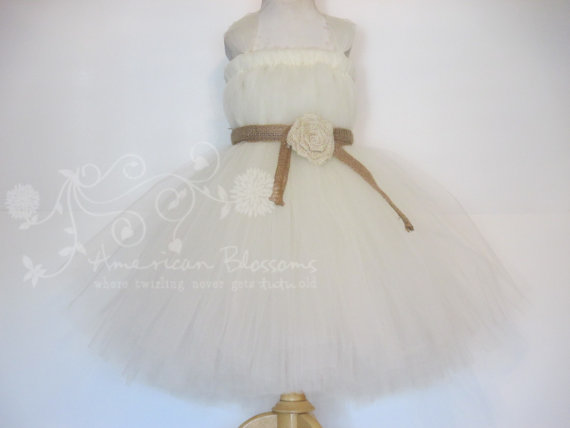 Wedding - Burlap Flower Girl Dress Rustic Cream Ivory Flower Girl Dress Baby Girls Toddler tutu Tulle Wedding Burlap Dress by American Blossoms