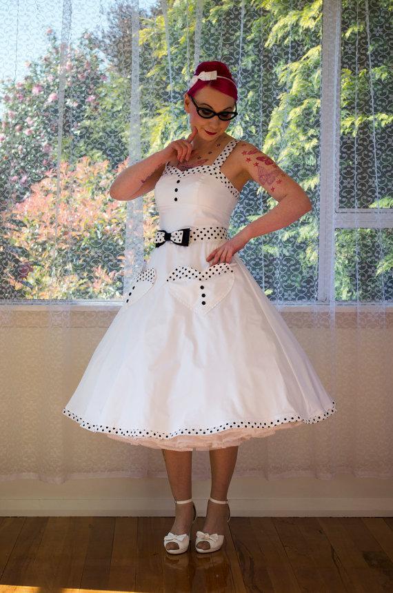 زفاف - 1950s Rockabilly 'Elise' Wedding Dress, with Sweetheart Neckline, Polka Dot Trim, Belt & Organza Petticoat- Any Colour - Custom Made to fit