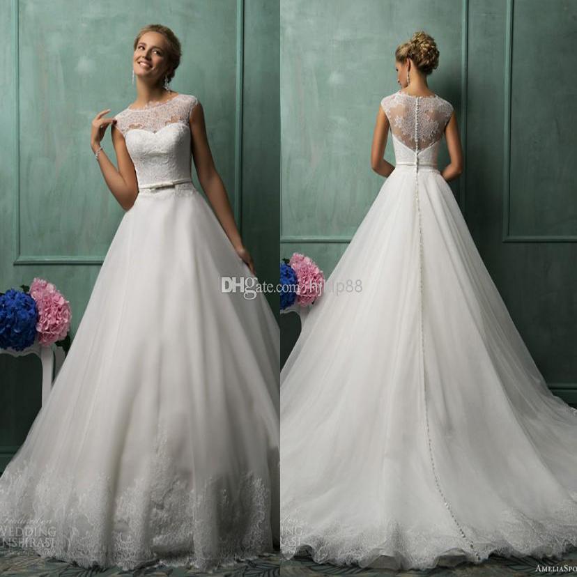 Wedding - 2014 Amelia Sposa Best Selling A Line Jewel Chapel Train White Organza Lace Wedding Dresses Illusion Back 2015 Wedding Gowns Bridal Online with $123.75/Piece on Hjklp88's Store 