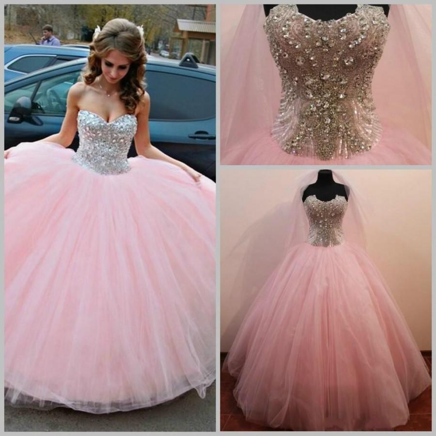 Hochzeit - 2015 Crystals Ball Gowns Tulle Wedding Dresses Beads Color Spring Garden A-Line Sweetheart Bridal Dress Pink Luxurious Party Dress Custom Online with $139.74/Piece on Hjklp88's Store 