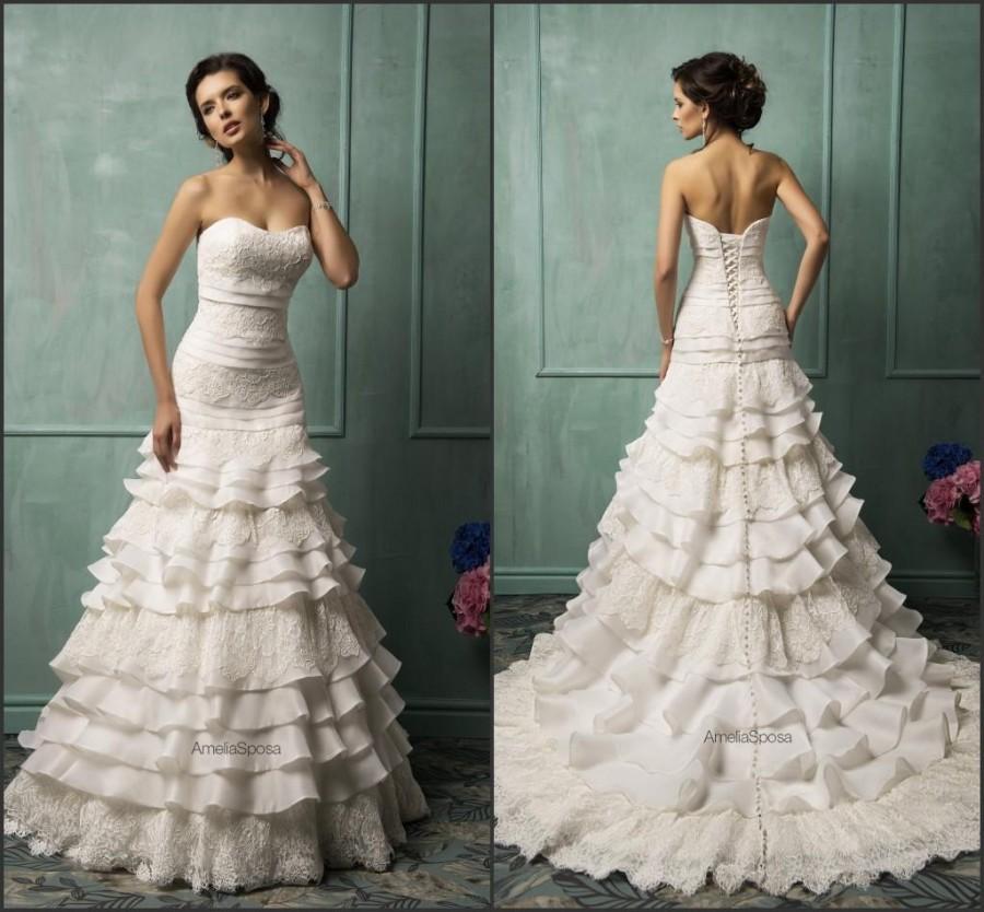 Wedding - 2015 Best Selling Amelia Sposa Wedding Dresses Lace Strapless Tiers Train Custom Made Bridal Ball Gown A-Line Lace Up Back Vestido De Novia Online with $119.33/Piece on Hjklp88's Store 