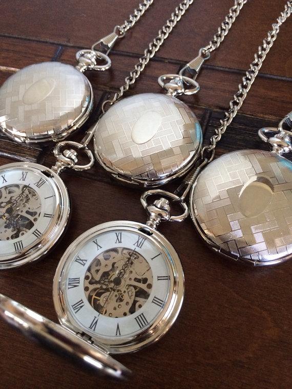 Wedding - Set of 5 Silver Mechanical Pocket Watch Personalized Groomsmen Gift Ships from Canada PKM0M