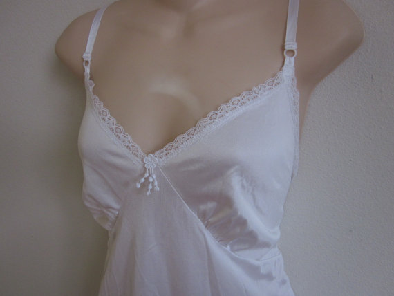زفاف - Vintage full Slip white nylon and lace nightgown sexy lingerie 40 bust