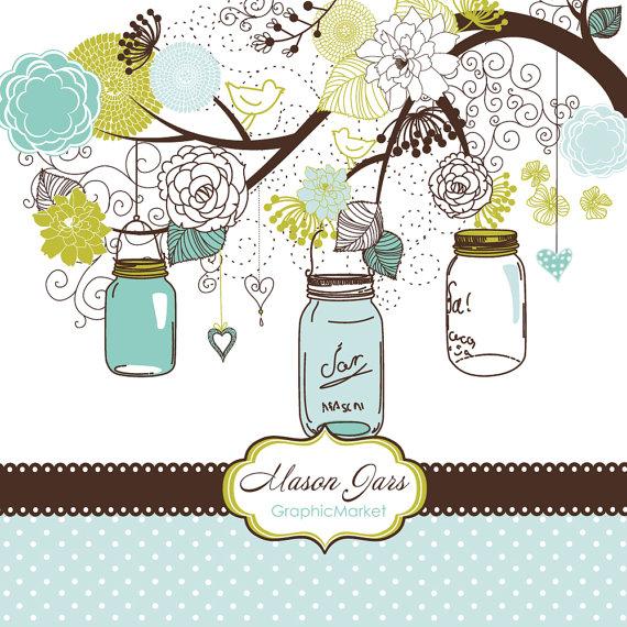 Wedding - Hand Drawn Mason Jars, card template and digital papers, Clip art for scrapbooking, wedding invitations, Personal and Small Commercial Use