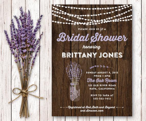 Wedding - Twinkle Lights Printable Shower Invitation, Rustic Bridal Wedding Shower Invitation, Lavender Bridal Shower Invitation, Mason Jar Shower