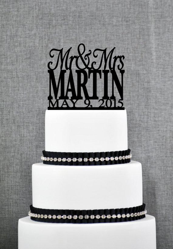 Wedding - Modern Last Name Wedding Cake Topper with Date, Unique Personalized Wedding Cake Topper, Elegant Mr and Mrs Wedding Cake Topper- (S017)