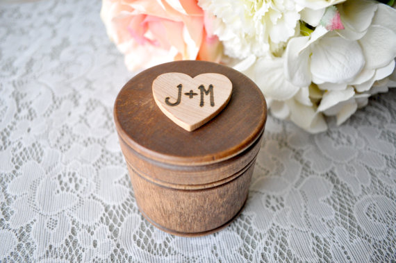 Wedding - Personalized Engraved Woodburned Wooden Round Wedding Ring Box, Ring Bearer Box Wood Hearts Engraved Initials Custom Colors Round Box
