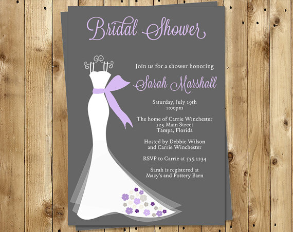 Mariage - Bridal Shower Invitations, Purple, Gray, Dress, Wedding, Set of 10 Printed Cards, FREE Shipping, ELGGP, Elegant Gown Gray with Purple