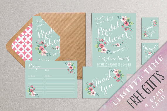 Hochzeit - Printable Bridal Shower Invitation Party Pack - Bridal Shower Party Package (mint & pink)