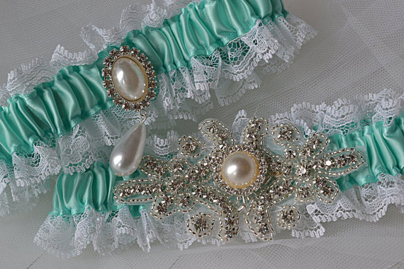 Mariage - Wedding Garter, Bridal Garter Set Aqua Blue With White Raschel Lace And Rhinestone Embellishments