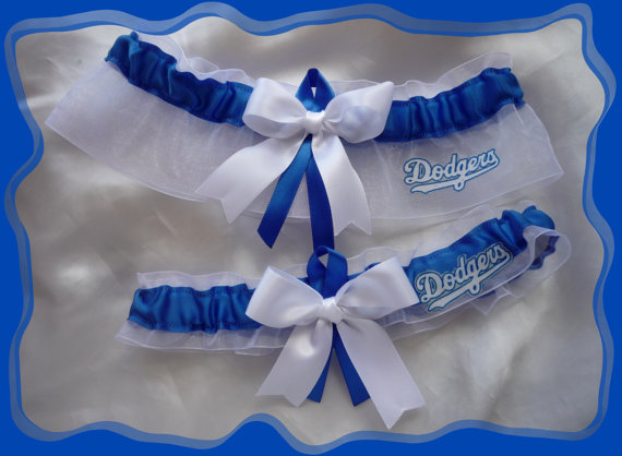 Mariage - White Organza Ribbon Wedding Garter Set Made With Dodgers Fabric