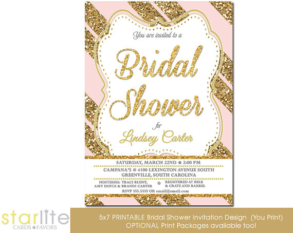 Hochzeit - Pink Gold Glitter Stripes Bridal shower invitation, engagement party - vintage style - Printable Design or Printed Option