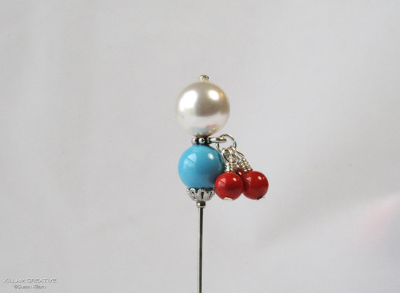 زفاف - Swarovski Pearl Stick Pin, Southwest, Turquoise , Red Coral, Charm Pin, 3 Inch Pin, Hat Pin, Lapel Pin, Hijab Pin, Wedding Jewelry, H0267