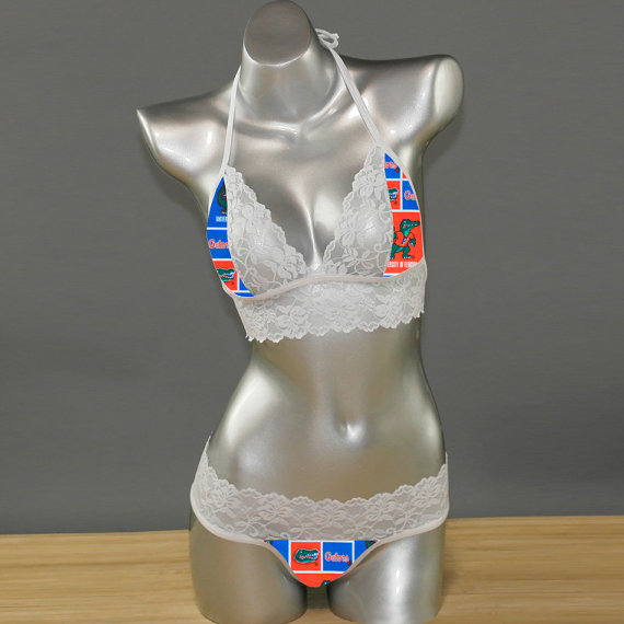Свадьба - Sexy handmade with NCAA Florida Gators fabric with scallped white lace accent top with matching G string panty lingerie set