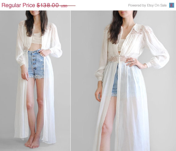 Wedding - SALE/ Sheer Lace Duster // 40's Silk Chiffon Dressing Gown // Vintage 1940's Gown // Bridal Lingerie // White Maxi Dress // Vintage Wedding