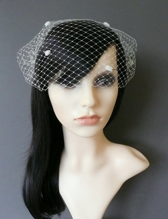 Hochzeit - Ivory Dots Birdcage Veil Wedding Bridal Bandeau with double gold or silver plated combs french netting blusher veil 'Minnie'