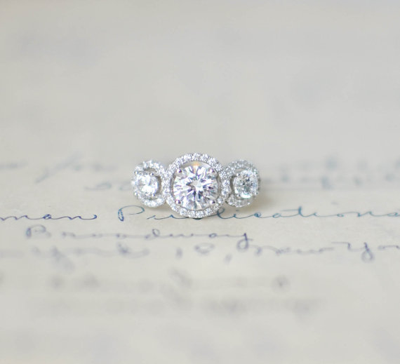 Wedding - Three Stone Halo Ring - CZ Engagement Ring - Cubic Zirconia Ring - Art Deco Ring - Silver Promise Ring - Thin Band Ring - Wedding Ring