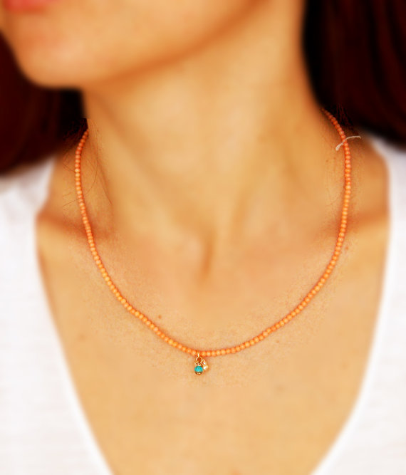 زفاف - Pink coral necklace, coral and turquoise, turquoise pearl pendant, delicate charm necklace, gold coral necklace, bridal necklace