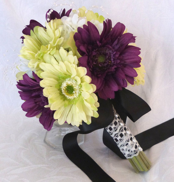 Mariage - Silk flower bridal bouquets green gerbera daisies violet gerbera wedding bouquet and boutonniere package