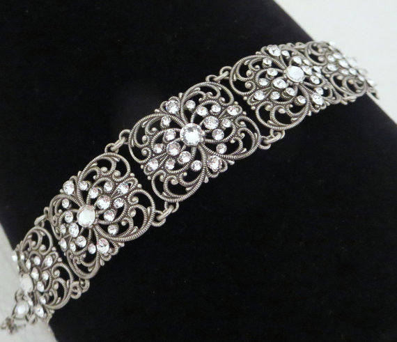 Wedding - Crystal Bridal bracelet, Cuff Wedding bracelet, Bridal jewelry, Swarovski bracelet, Art Deco bracelet, Filigree bracelet, Vintage style