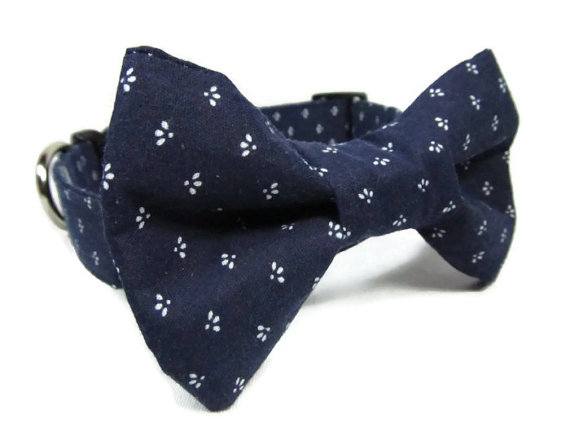 Wedding - Designer Dog Collar and bowtie  - navy blue and white for Kerry