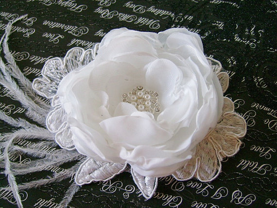 Hochzeit - Bridal Hair clip, facinator fabric flower wedding hair accessory in white