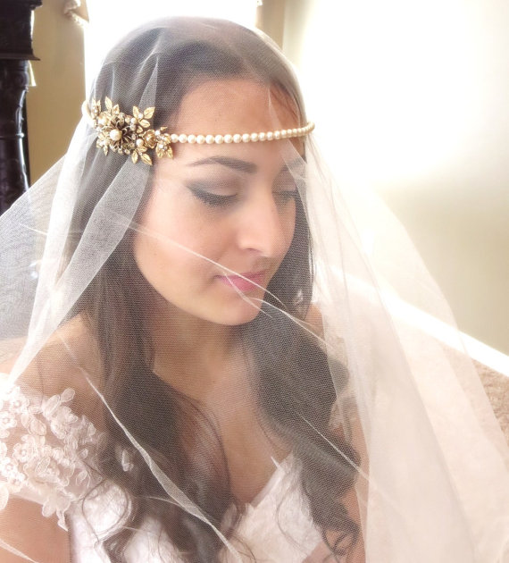 Hochzeit - Bridal headpiece, Bridal halo, Wedding forehead band, Bridal headband, Antique brass headpiece, Swarovski crystal