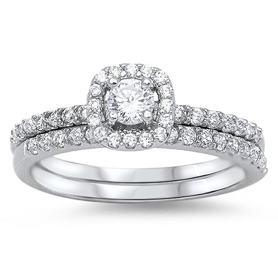 زفاف - Classic 0.50 CT Round Clear White Brilliant Sparkling Russian Diamond CZ Solid Sterling Silver Halo Ring Matching Band Wedding Engagement