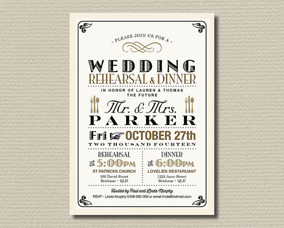 Hochzeit - Printable Rehearsal Dinner Invitation - Vintage Poster Black and Gold (RD64)