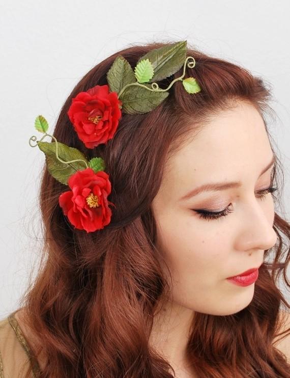Wedding - Rose hair combs, red floral hair piece, garden wedding, hair accessories - Juliet