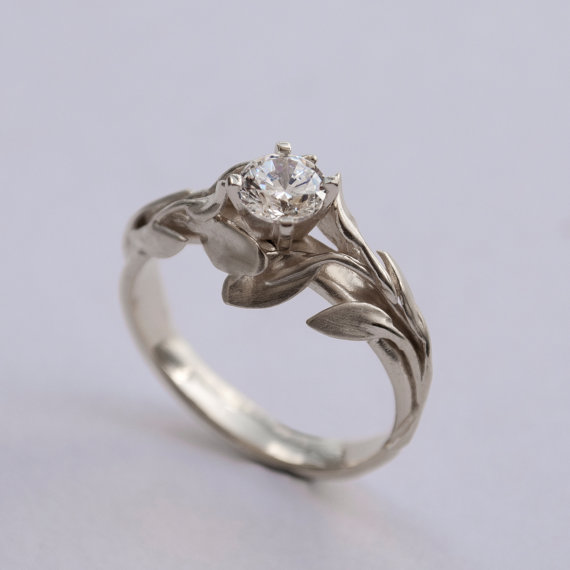 Wedding - Leaves Engagement Ring No. 4 - 14K White Gold and Diamond engagement ring, engagement ring, leaf ring, filigree, antique,art nouveau,vintage