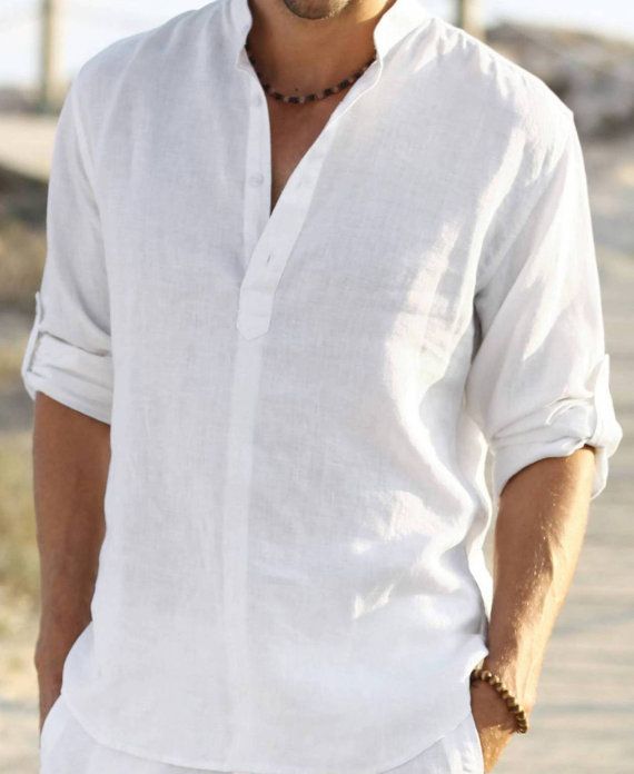 Mariage - Man White Linen Shirt Beach Wedding Party Special Occasion Birthday Summer