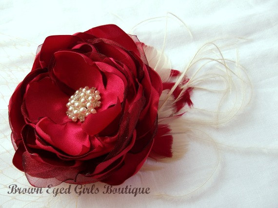 Hochzeit - Red Bridal Flower Hair clip, Red and champagne Wedding Hair Accessory, Red and Champagne Fascinator