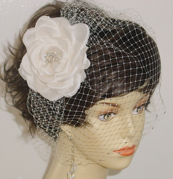 Hochzeit - Floral Fascinator Wedding  Headpiece Clip and Rhinestone Edged Birdcage Veil Hand Pressed Silk Flower