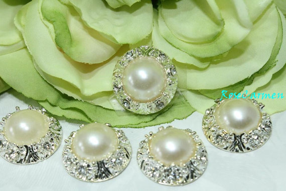 Hochzeit - 5 -Pc  Rhinestone Button - Pearl Button - IVORY Rhinestone Pearl Button - flatback button - invitations - bouquet - hair flower -  DIY -