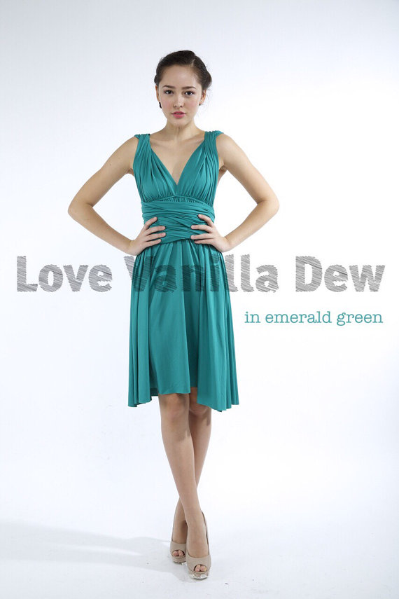 Hochzeit - Bridesmaid Dress Infinity Dress Straight Hem Emerald Green Knee Length Wrap Convertible Dress Wedding Dress