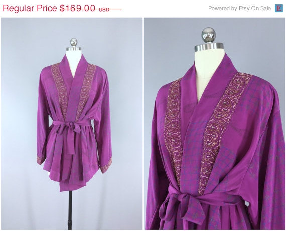 Wedding - SALE - Silk Kimono Cardigan / Kimono Jacket / Vintage Indian Sari / Short Robe Dressing Gown Wedding / Boho Bohemian / Purple Paisley Embroi