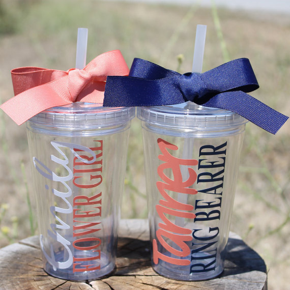 Свадьба - Flower Girl and Ring Bearer Personalized Kids Tumblers - Choose Colors and Fonts - Ribbon Included