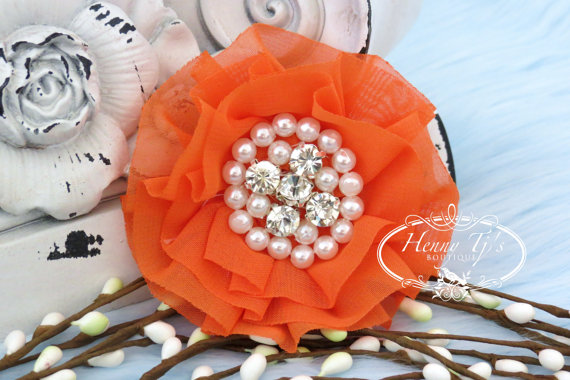 Mariage - New: Reilly Collection, 2 pcs ORANGE Soft Chiffon Ruffled Rhinestones Pearls Fabric Flowers - Layered Bouquet fabric flowers. Wedding Bridal