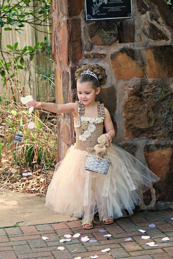 Hochzeit - Rustic Burlap Vintage Inspired Ivory And Beige Lace Pearl Flower Girl Tutu Dress Infant To Girls