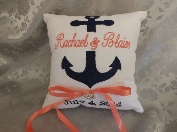 Свадьба - Anchor Ring Bearer Pillow,ring Bearer Pillows, Ring Pillow, Wedding Pillow, Custom, Personalized, Embroidery Embroidered Monogram, Keepsake