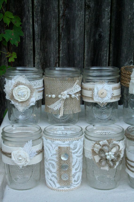 Hochzeit - Burlap & Lace Mason Jars Shipping Included
