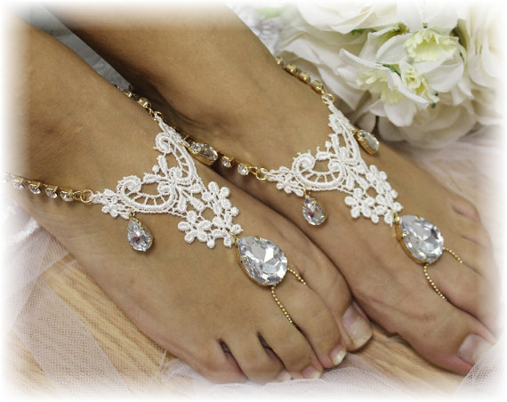 Hochzeit - Gold Rhinestone and ivory lace barefoot sandals, beach wedding sandles, footless, barefoot wedding, crystal foot jewelry, bridal 