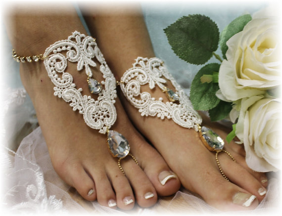 Hochzeit - Romantic gold Rhinestone ivory lace barefoot sandals, beach wedding sandles, footless, barefoot wedding, crystal foot jewelry, bridal B30